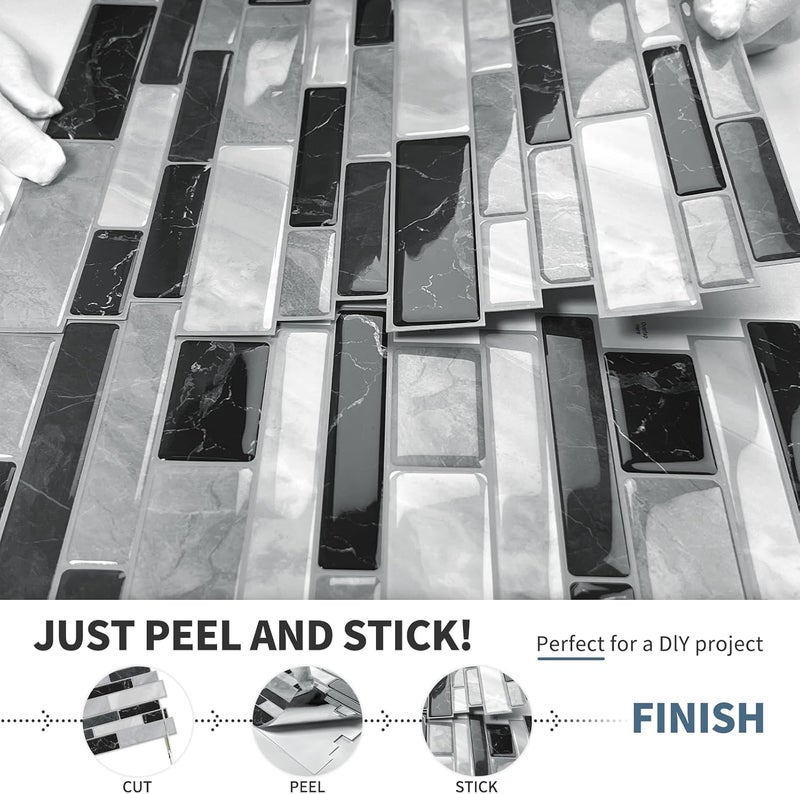 DEWOO Kitchen Backsplash Self Adhesive Wall 3D Marble Tiles Peel and Stick Bathroom, Black Mosaic (10-Sheet, 12"×12") - Image 5